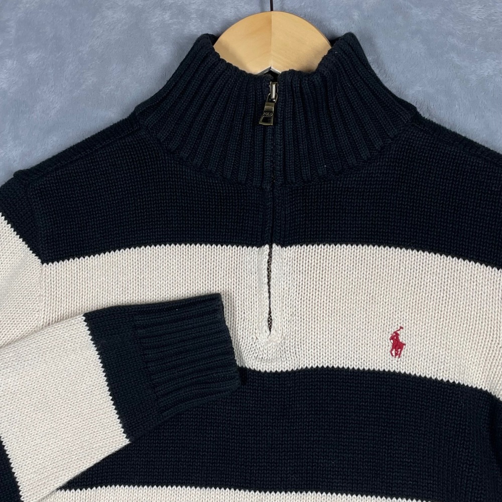 Polo Ralph Lauren Boys Large 14-16 Navy White Striped Quarter Zip Cotton Sweater
